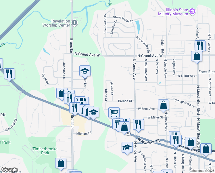map of restaurants, bars, coffee shops, grocery stores, and more near 800-898 Diane Ct in Springfield