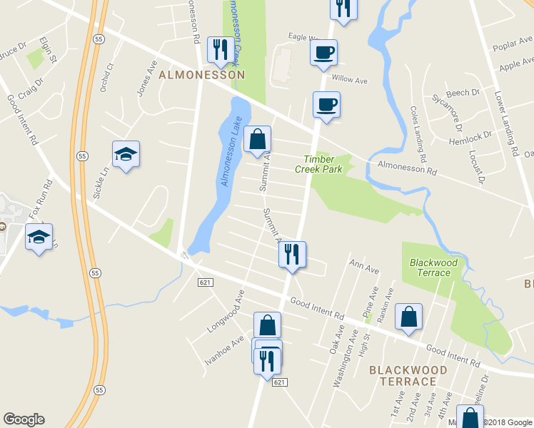 map of restaurants, bars, coffee shops, grocery stores, and more near 342 Summit Avenue in Deptford Township
