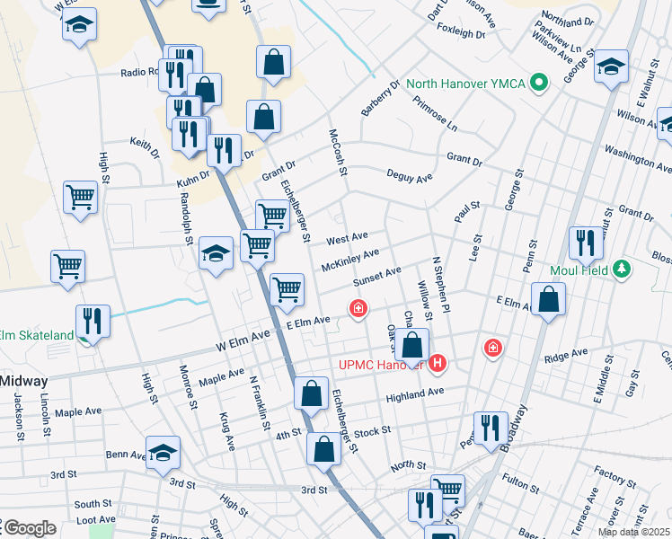 map of restaurants, bars, coffee shops, grocery stores, and more near 117 McKinley Avenue in Hanover