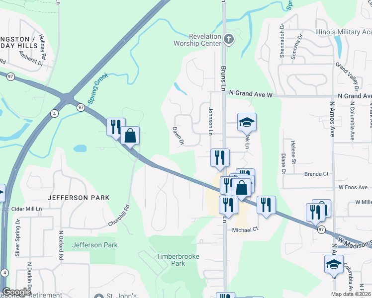 map of restaurants, bars, coffee shops, grocery stores, and more near 62-116 Dawn Drive in Springfield