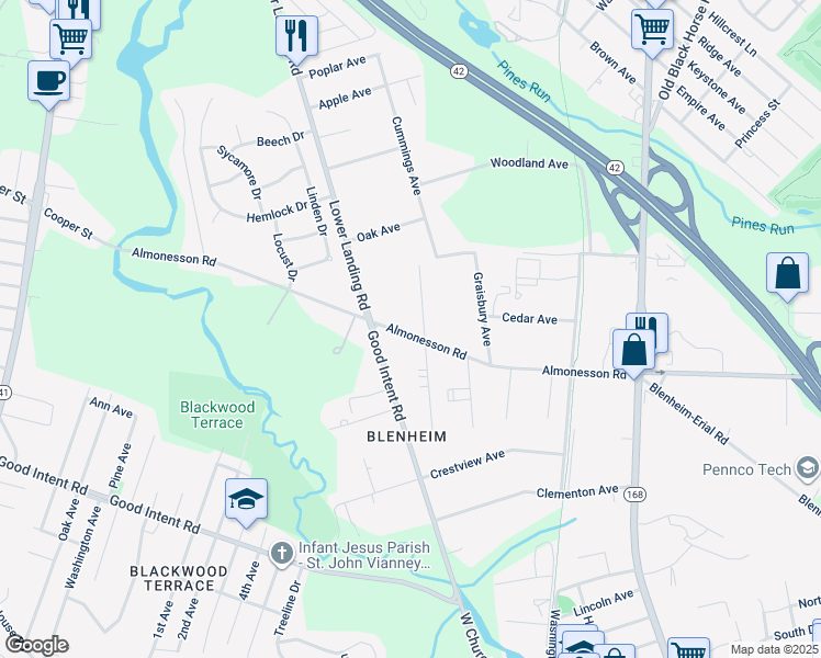 map of restaurants, bars, coffee shops, grocery stores, and more near 421 Almonesson Road in Gloucester Township