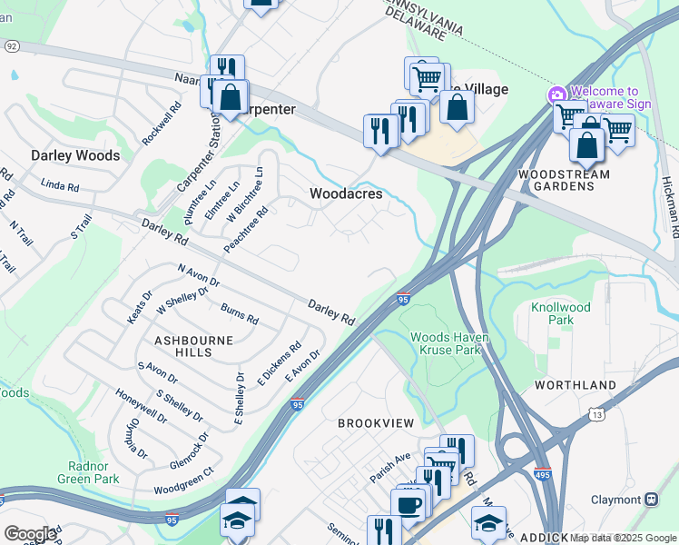 map of restaurants, bars, coffee shops, grocery stores, and more near 500 Darley Road in Claymont