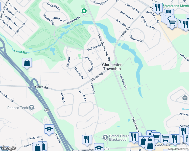 map of restaurants, bars, coffee shops, grocery stores, and more near 404 Wimbledon Way in Camden County