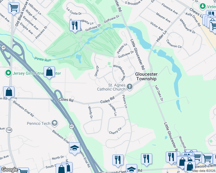 map of restaurants, bars, coffee shops, grocery stores, and more near 502 Masters Drive in Camden County