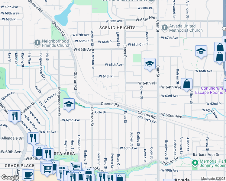 map of restaurants, bars, coffee shops, grocery stores, and more near 8995 West 63rd Avenue in Arvada