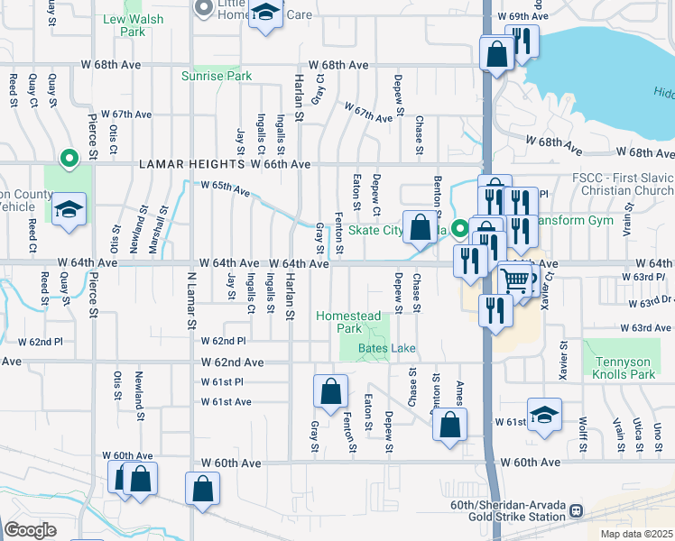 map of restaurants, bars, coffee shops, grocery stores, and more near 6366 Fenton Street in Arvada