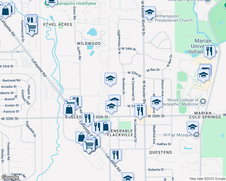 map of restaurants, bars, coffee shops, grocery stores, and more near 3360 West 30th Street in Indianapolis