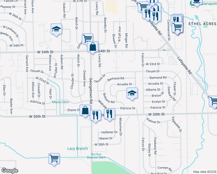 map of restaurants, bars, coffee shops, grocery stores, and more near 4620 Bertrand Road in Indianapolis