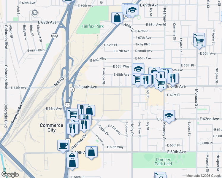 map of restaurants, bars, coffee shops, grocery stores, and more near 6400 Grape Street in Commerce City