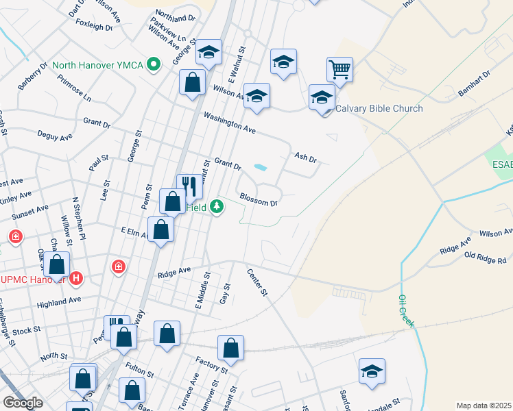 map of restaurants, bars, coffee shops, grocery stores, and more near 801 Blossom Drive in Hanover