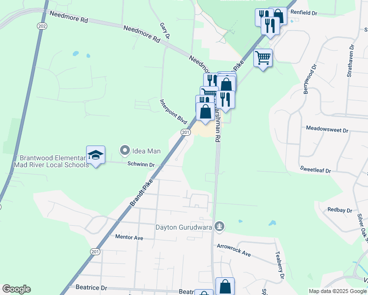 map of restaurants, bars, coffee shops, grocery stores, and more near 4148 Brandt Meadows Drive in Dayton