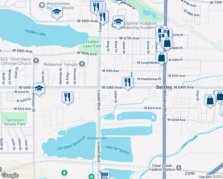 map of restaurants, bars, coffee shops, grocery stores, and more near 6380 Knox Court in Denver