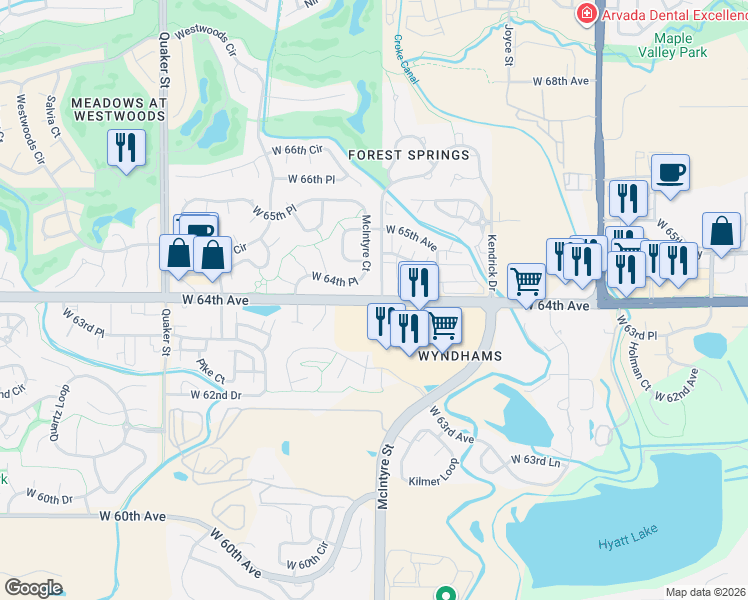 map of restaurants, bars, coffee shops, grocery stores, and more near 6436 Mc Intyre Court in Arvada
