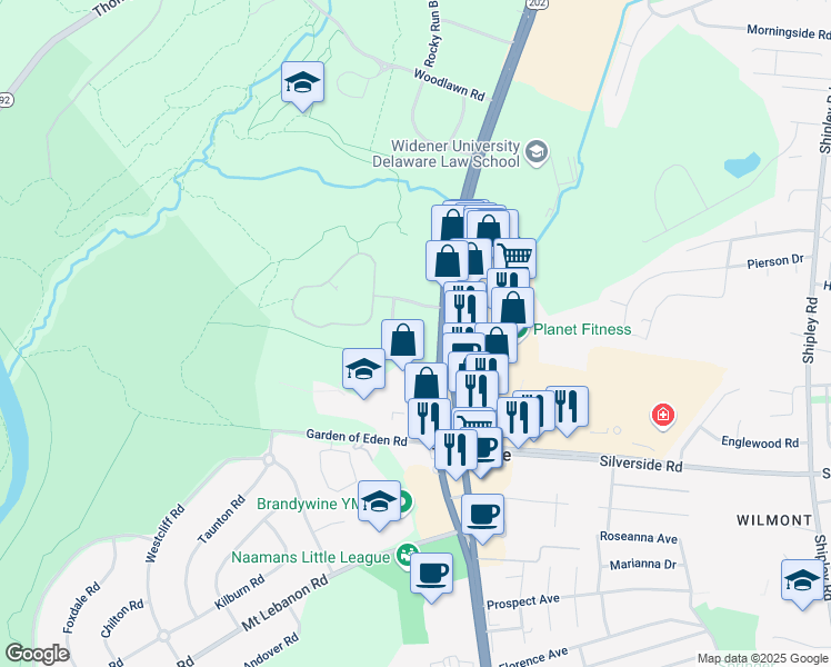 map of restaurants, bars, coffee shops, grocery stores, and more near 2 Righter Parkway in Wilmington