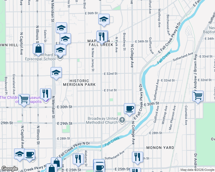 map of restaurants, bars, coffee shops, grocery stores, and more near 3129 Ruckle Street in Indianapolis