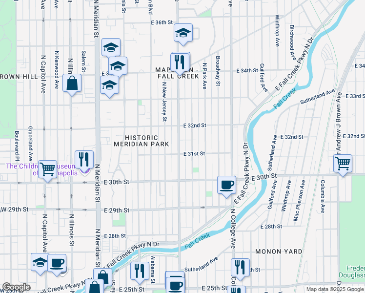 map of restaurants, bars, coffee shops, grocery stores, and more near 3125 Central Avenue in Indianapolis