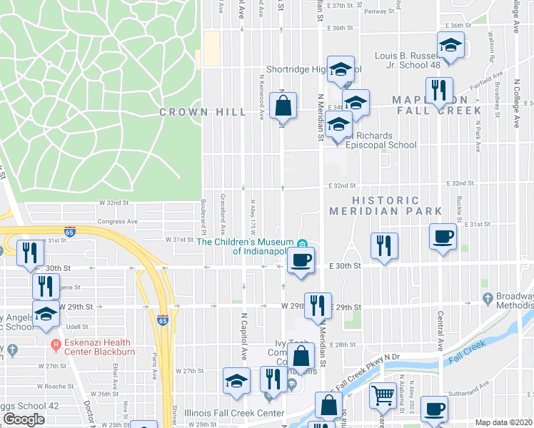 map of restaurants, bars, coffee shops, grocery stores, and more near 3161 North Kenwood Avenue in Indianapolis