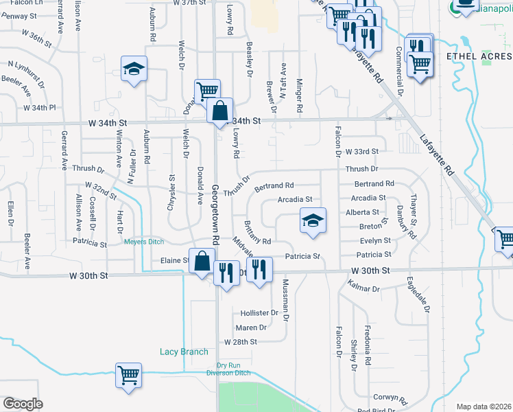 map of restaurants, bars, coffee shops, grocery stores, and more near 4620 Bertrand Road in Indianapolis