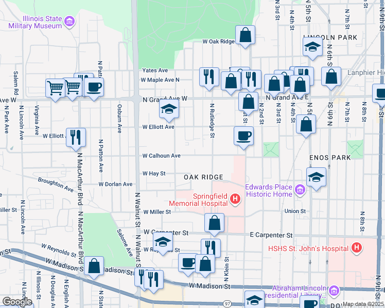 map of restaurants, bars, coffee shops, grocery stores, and more near 409 West Calhoun Avenue in Springfield