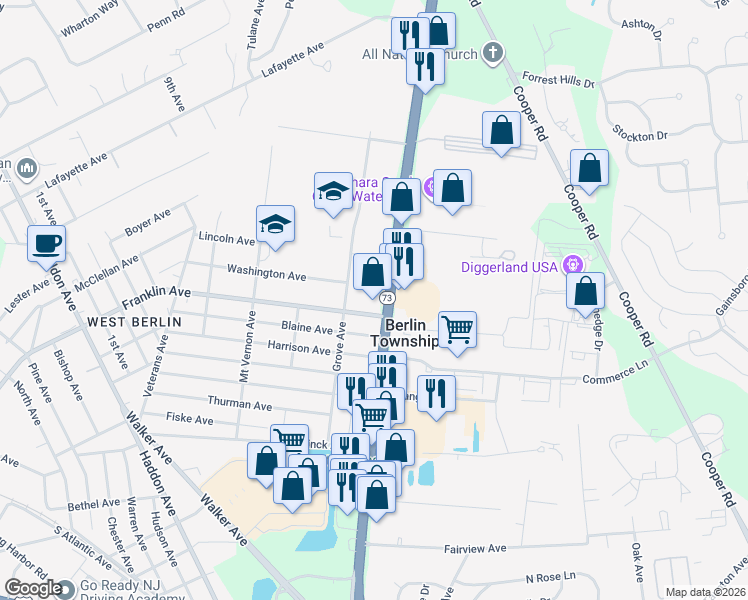 map of restaurants, bars, coffee shops, grocery stores, and more near 408 New Jersey 73 in West Berlin