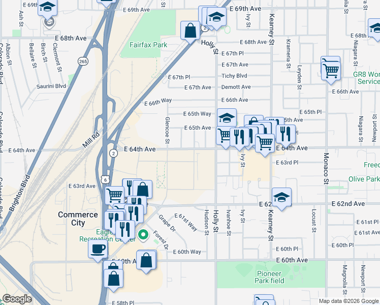 map of restaurants, bars, coffee shops, grocery stores, and more near 6400 Grape Street in Commerce City