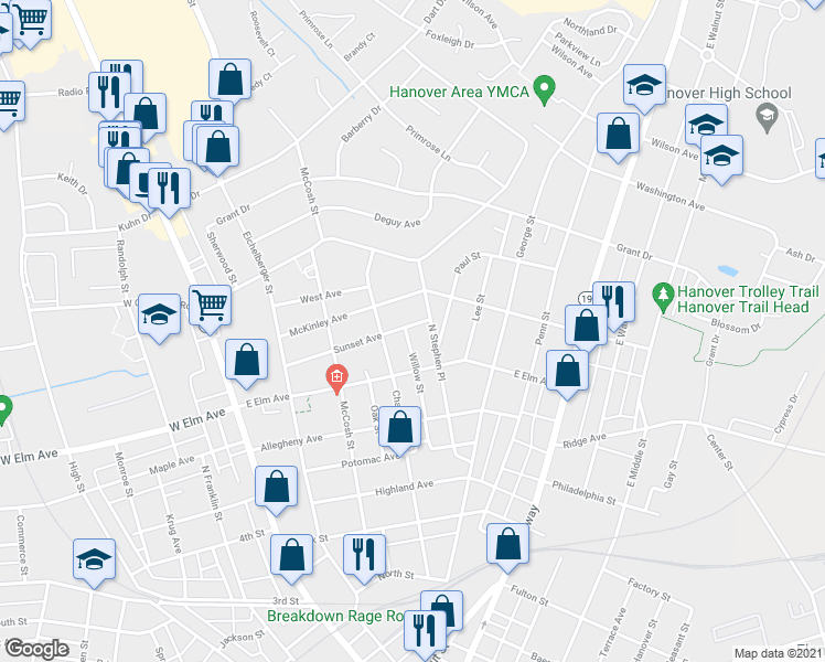 map of restaurants, bars, coffee shops, grocery stores, and more near 275 Sunset Avenue in Hanover