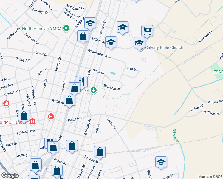 map of restaurants, bars, coffee shops, grocery stores, and more near 801 Blossom Drive in Hanover