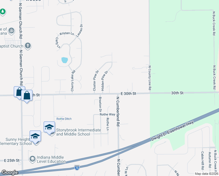 map of restaurants, bars, coffee shops, grocery stores, and more near 11640 East 30th Street in Indianapolis