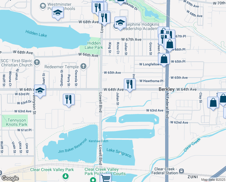 map of restaurants, bars, coffee shops, grocery stores, and more near 6380 Knox Court in Denver
