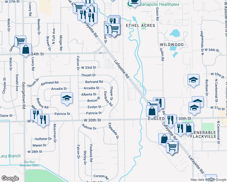map of restaurants, bars, coffee shops, grocery stores, and more near 3149 Thayer Street in Indianapolis