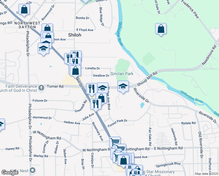 map of restaurants, bars, coffee shops, grocery stores, and more near 250 Shoup Mill Road in Dayton