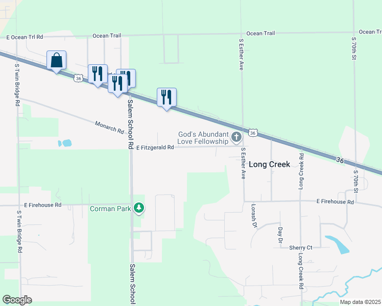 map of restaurants, bars, coffee shops, grocery stores, and more near 6265 East Fitzgerald Road in Long Creek