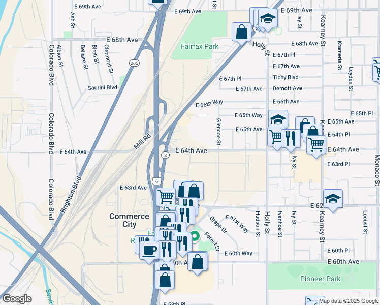 map of restaurants, bars, coffee shops, grocery stores, and more near 4964 East 64th Avenue in Commerce City