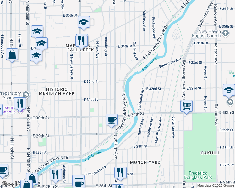 map of restaurants, bars, coffee shops, grocery stores, and more near 3128 North College Avenue in Indianapolis