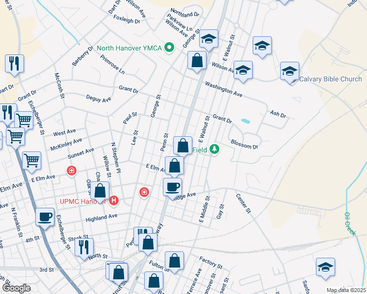 map of restaurants, bars, coffee shops, grocery stores, and more near 701 Broadway in Hanover