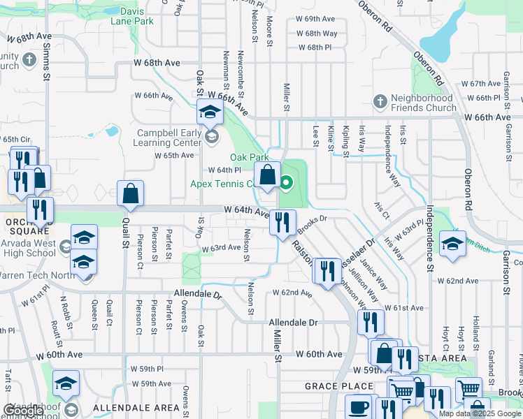 map of restaurants, bars, coffee shops, grocery stores, and more near 10440 West 64th Avenue in Arvada