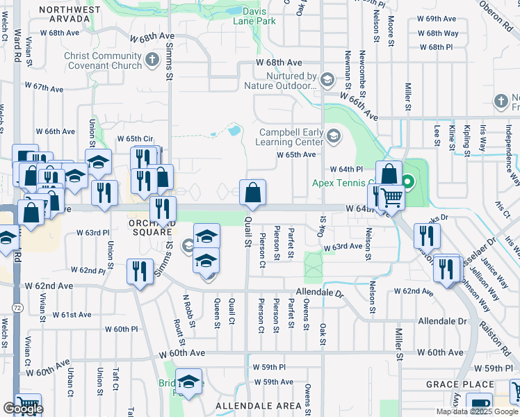 map of restaurants, bars, coffee shops, grocery stores, and more near 11185 West 64th Avenue in Arvada