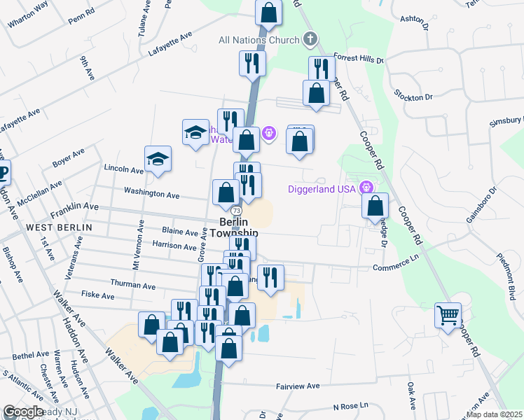 map of restaurants, bars, coffee shops, grocery stores, and more near 451 New Jersey 73 in West Berlin