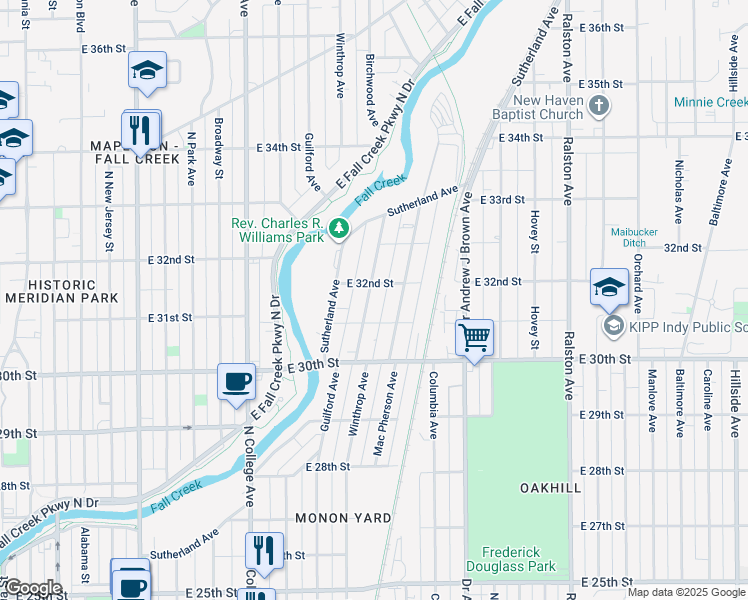 map of restaurants, bars, coffee shops, grocery stores, and more near 3136 Winthrop Avenue in Indianapolis