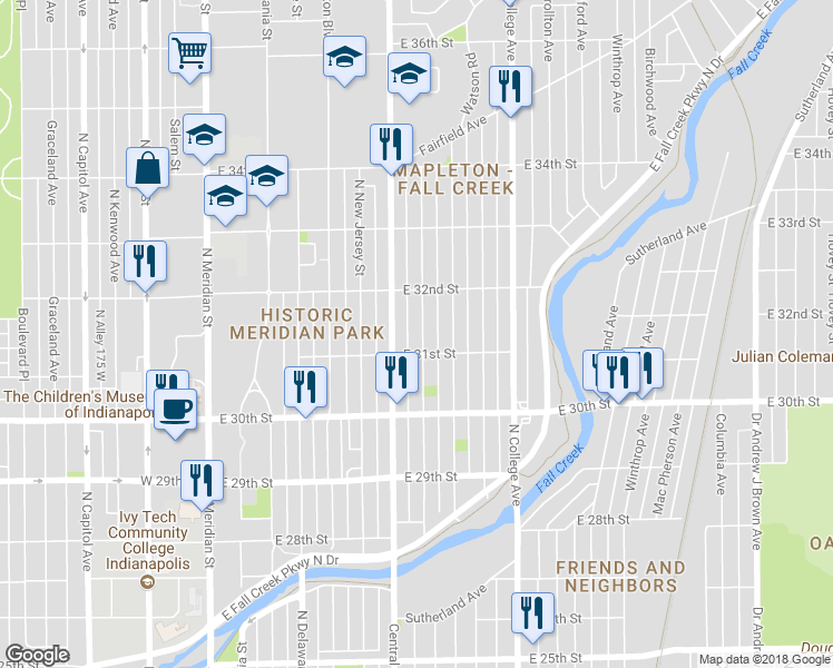 map of restaurants, bars, coffee shops, grocery stores, and more near 3129 Ruckle Street in Indianapolis