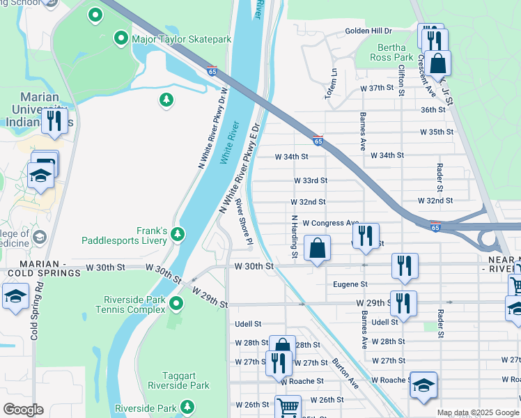 map of restaurants, bars, coffee shops, grocery stores, and more near 1443 West 32nd Street in Indianapolis