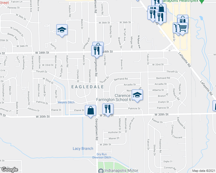 map of restaurants, bars, coffee shops, grocery stores, and more near 4620 Bertrand Road in Indianapolis