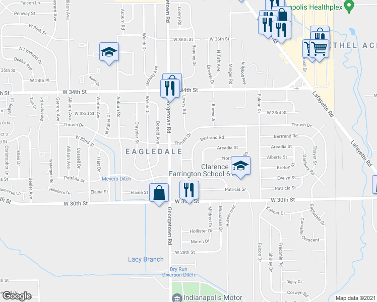 map of restaurants, bars, coffee shops, grocery stores, and more near 4620 Bertrand Road in Indianapolis
