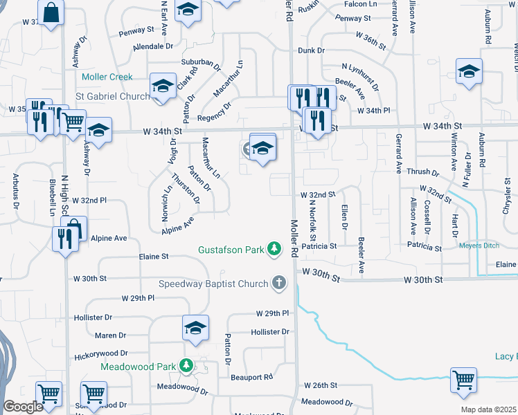 map of restaurants, bars, coffee shops, grocery stores, and more near 5525 West 34th Street in Indianapolis