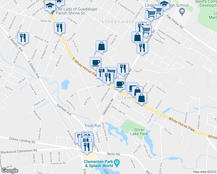 map of restaurants, bars, coffee shops, grocery stores, and more near 6 White Horse Pike in Clementon