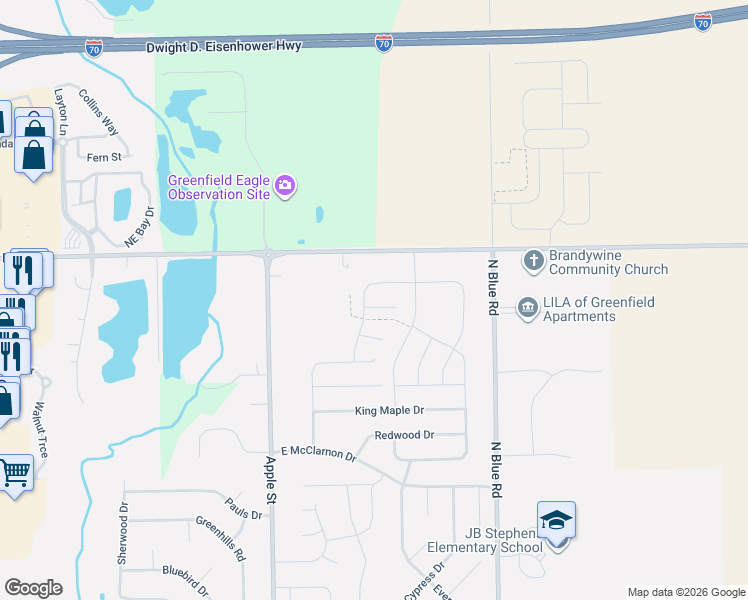 map of restaurants, bars, coffee shops, grocery stores, and more near 1301 East New Road in Greenfield