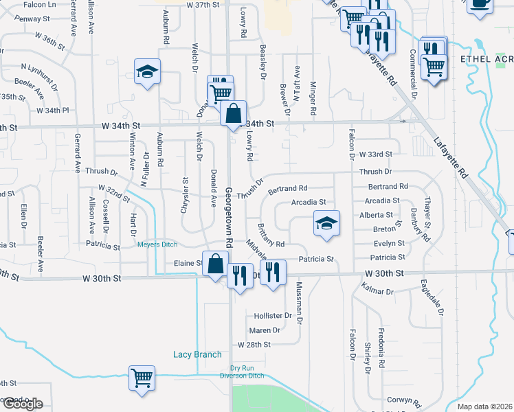 map of restaurants, bars, coffee shops, grocery stores, and more near 4620 Bertrand Road in Indianapolis