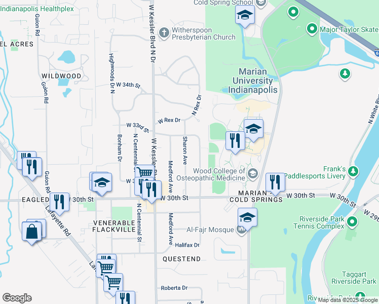 map of restaurants, bars, coffee shops, grocery stores, and more near 3215 Sharon Avenue in Indianapolis