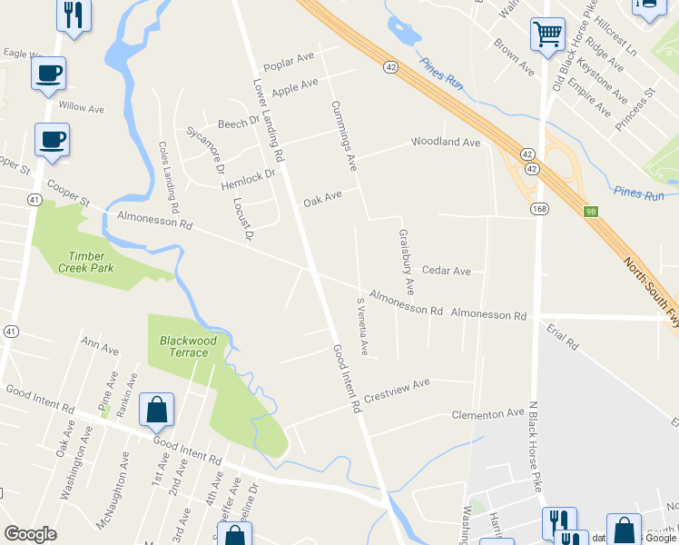 map of restaurants, bars, coffee shops, grocery stores, and more near 419 Almonesson Rd in Gloucester Township