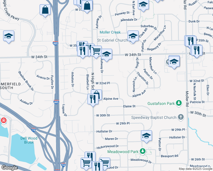 map of restaurants, bars, coffee shops, grocery stores, and more near 6129 West 32nd Place in Indianapolis